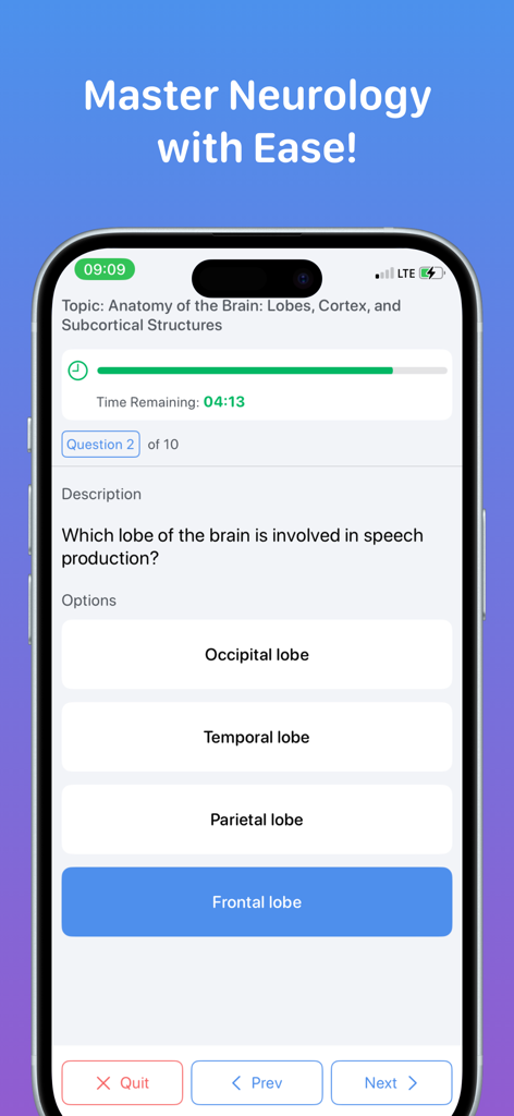 Neurology - A mobile app quiz screen asking which brain lobe is involved in speech production with multiple choice answers