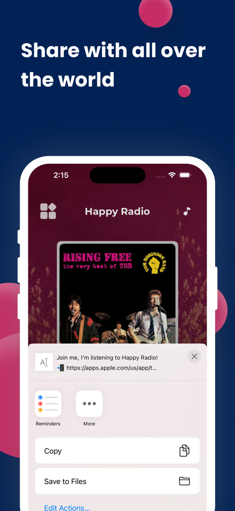 My Happy Radio - A mobile screen showing the sharing feature of the My Happy Radio app with a prompt to join and listen.
