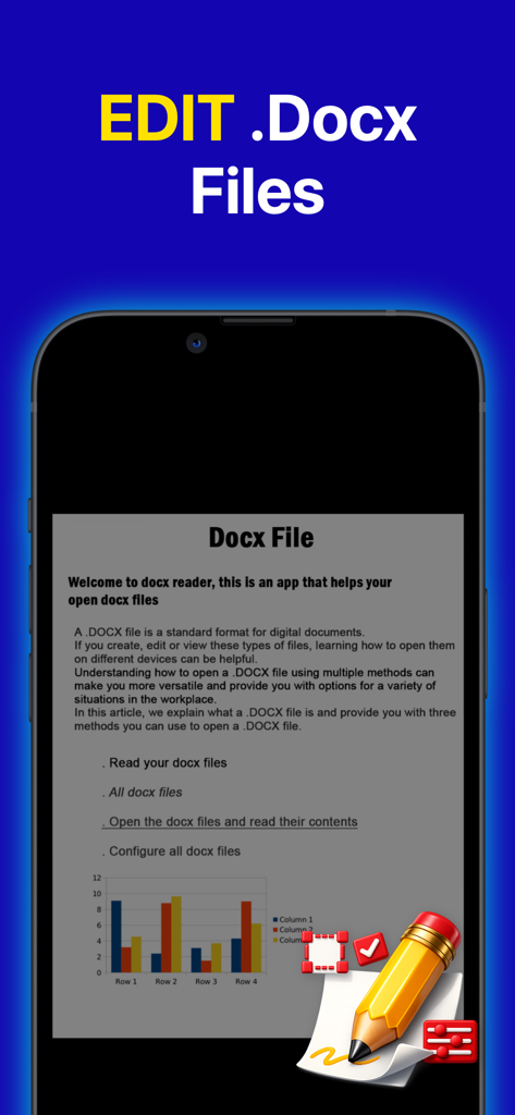 Uma tela de smartphone mostrando a interface de edição de um documento DOCX com texto e um gráfico de barras