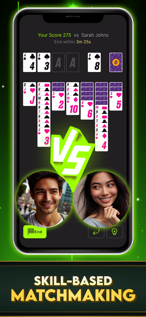 A competitive Solitaire match screen in the Clinch app showing skill-based matchmaking