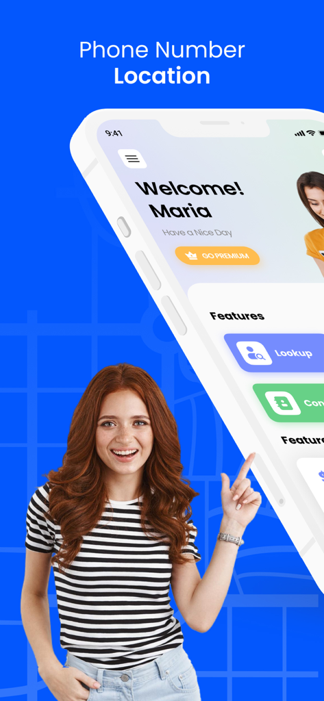 A woman pointing to the Phone Number Lookup app interface on a mobile device showing reverse lookup features