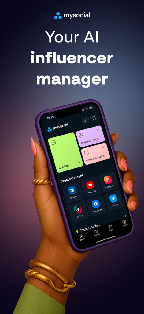 Mysocial: AI Creator Manager - The home screen of the Mysocial app showing AI creator tools on a smartphone
