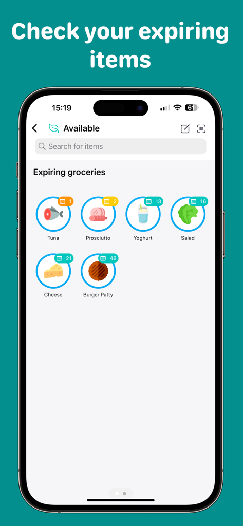 Freshy • Groceries Tracker - A mobile app interface showing a list of grocery items with expiration date countdowns on an iPhone.