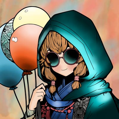 hot anime girl wearing a hood and has cute glasses holding balloons covering part of her face and blank background