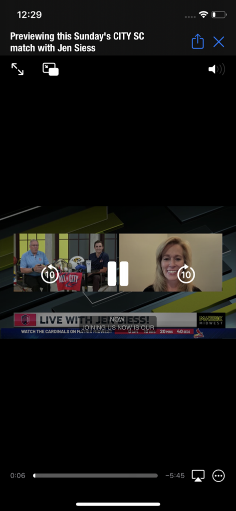 Matrix Midwest - Video player in the Matrix Midwest app showing a St. Louis CITY SC match preview with Jen Siess.