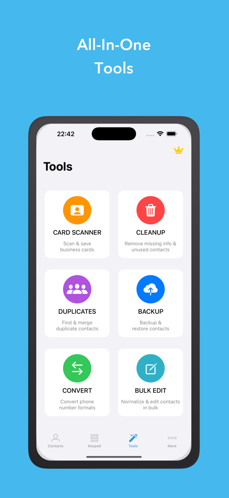 1Contact Pro: Clean & Backup - 1Contact Pro app dashboard showing tools for card scanning, contact cleanup, duplicate detection, and backup