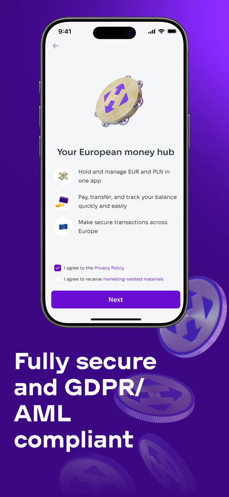 NovaPay: Payment Systems - NovaPay app onboarding screen for European currency management and secure transactions
