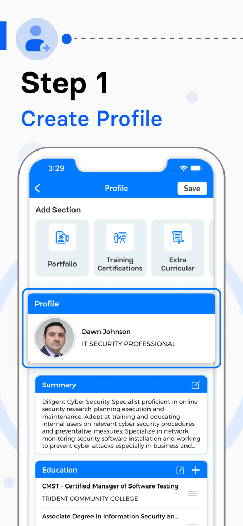 AI Resume Creator: CV Builder - AI履歴書作成アプリのモバイルインターフェース。要約や学歴セクションを含む、プロフェッショナルなプロフィール作成の最初のステップを表示しています。
