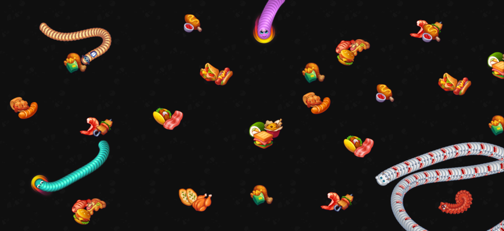 Snake Game - Worms io Zone - Colorful snakes and various food items on a dark background in Snake Game Worms io Zone