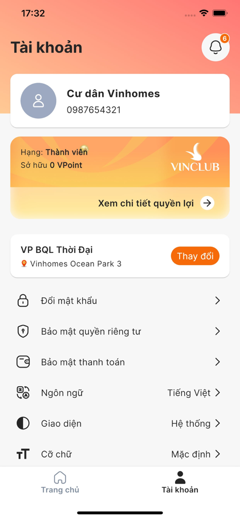 Vinhomes Resident - User account and settings interface for the Vinhomes Resident property management app showing membership details and security options.