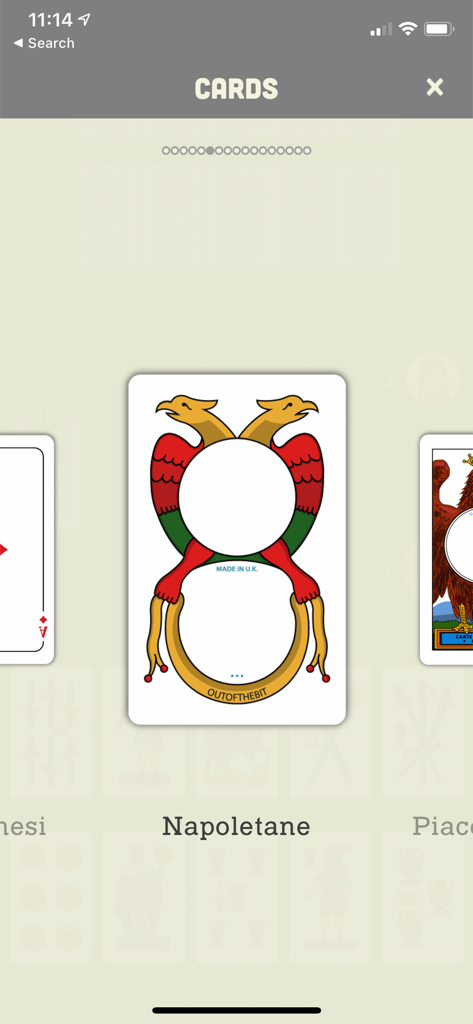 Tressette - Classic Card Games - A selection menu in the Tressette app showing the Napoletane card deck