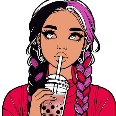 realistic girl with braided hair drinking boba