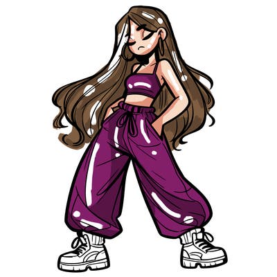 girl in baggy pants crop top and long hair