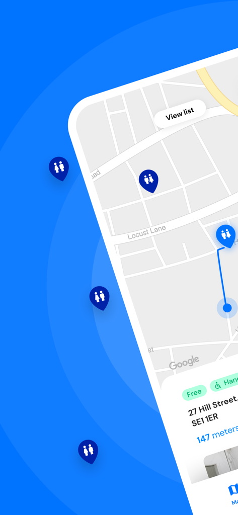 Toilet Finder - Kartenansicht der Toilettensuche-App mit Standorten öffentlicher Toiletten in der Nähe und Filtern für kostenlose und zugängliche Einrichtungen