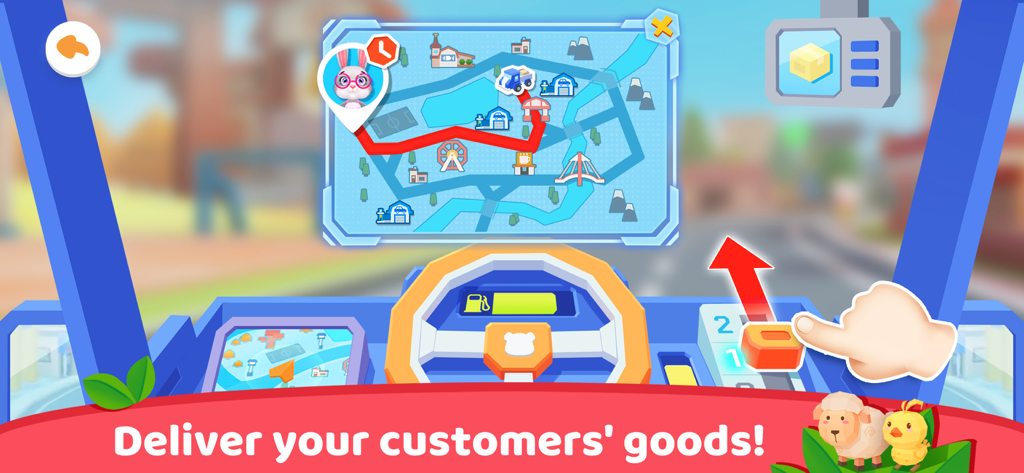 In-game view of a child driving a delivery truck with an interactive map and dashboard
