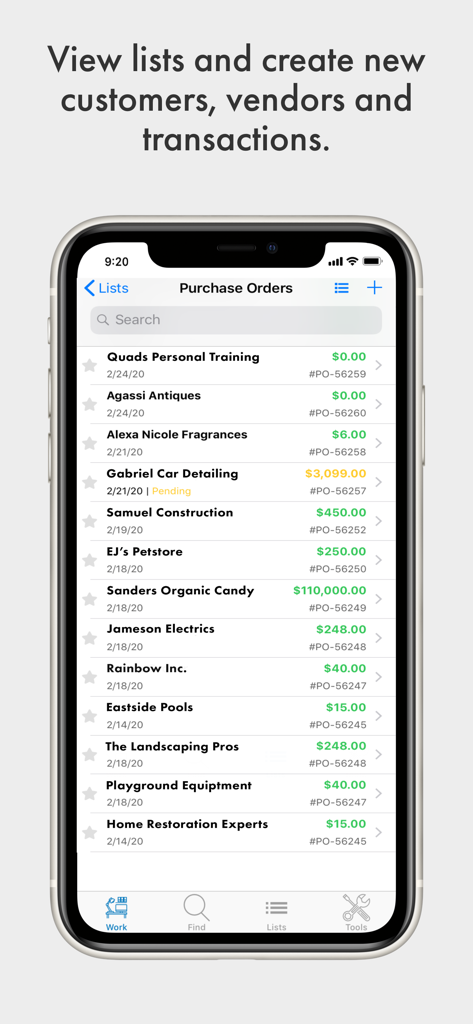 SOS Inventoryアプリの画面。購買注文のリストとベンダー名が表示されています。