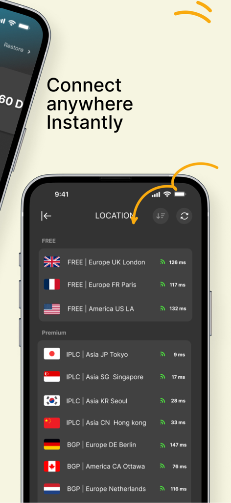 Heysocks VPN app interface displaying a list of free and premium global server locations with ping latency.