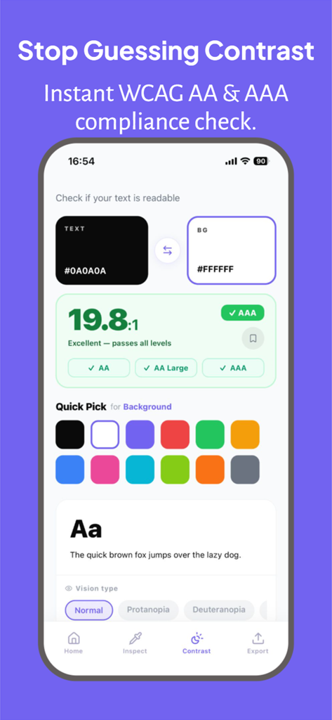 ColorAudit: Palette Extractor - Interface de l'application mobile pour vérifier la conformité du contraste des couleurs WCAG AA et AAA avec un rapport de contraste de 19,8:1