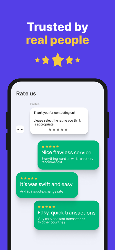 Profee: Money Transfer Online - Profee app interface showing positive user reviews and five star ratings for international money transfers