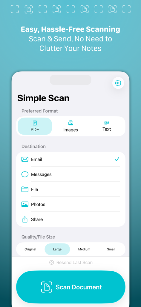 Simple Scan • Quick Scanner - Interfaccia dell'app Simple Scan che mostra la selezione del formato del documento e le opzioni di destinazione come email e file.