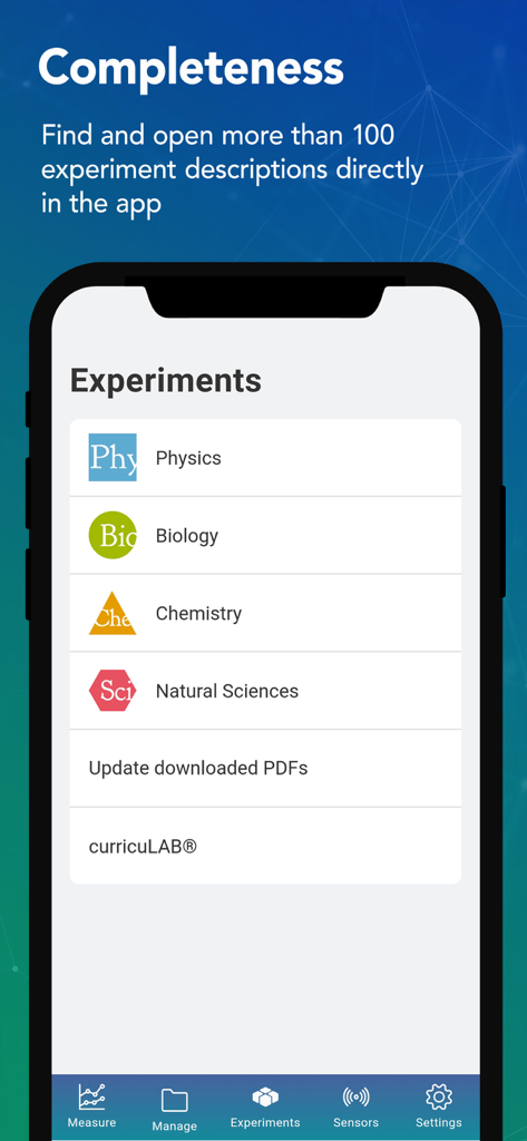 PHYWE measureAPP - List of science experiment categories including physics and biology in the PHYWE measureAPP