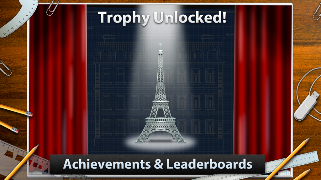 Blueprint 3D game screen showing a completed Eiffel Tower puzzle with a Trophy Unlocked message and Achievements banner.