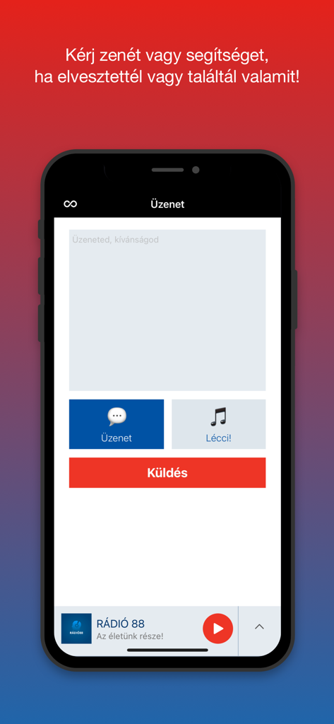 Rádió 88 Szeged - Nachrichten- und Songwunsch-Oberfläche der Rádió 88 Szeged App mit ungarischen Beschriftungen.