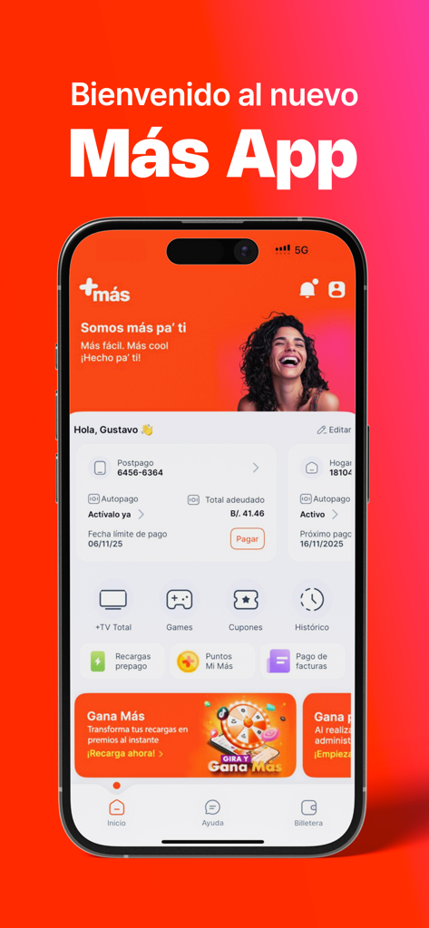 Mi Mas - Home screen of the Mi Mas mobile app by Cable and Wireless Panama
