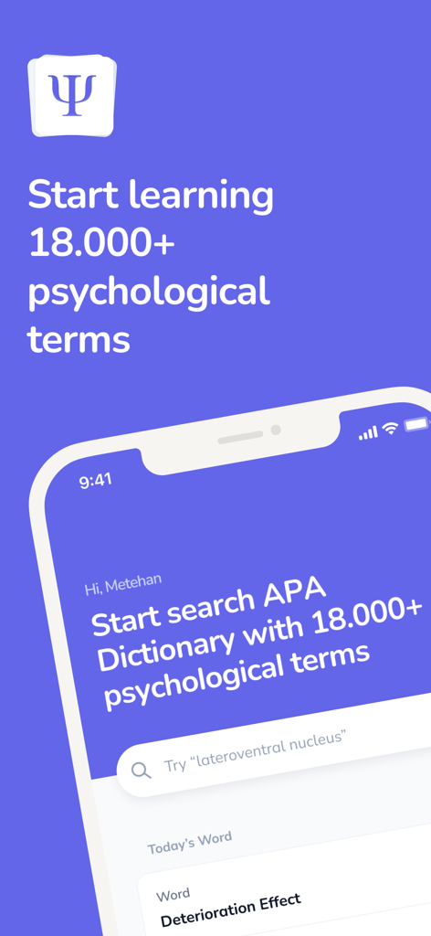 Psychology Dictionary - Interfaz de la aplicación Diccionario de Psicología mostrando una barra de búsqueda y 18.000 términos psicológicos