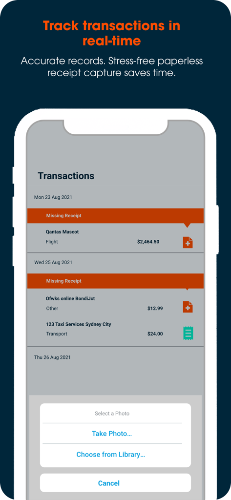 Budgetly mobile app interface for real time transaction tracking and paperless receipt capture.
