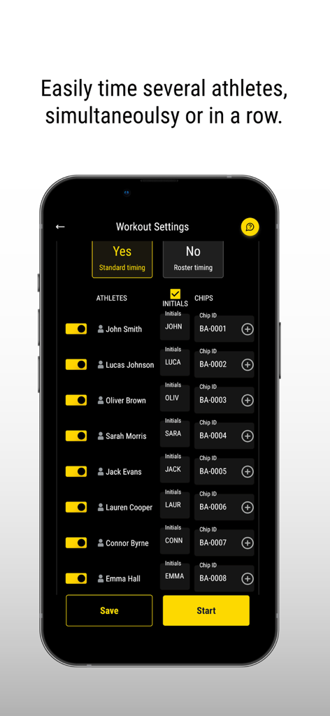 MyFreelap - MyFreelap app screenshot showing the workout settings screen with a list of athletes and assigned timing chips