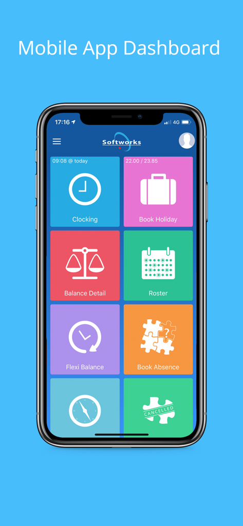 Softworks Self Service App - Softworks Self Service App mobile dashboard with colorful tiles for clocking, booking holidays, and viewing schedules.