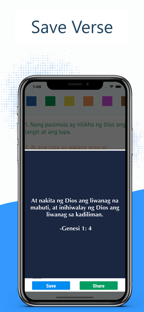 Tagalog Bible Pro (Ang Biblia) - Pantalla de la aplicación Tagalog Bible Pro que muestra una imagen de versículo del Génesis 1:4 con botones para guardar y compartir.