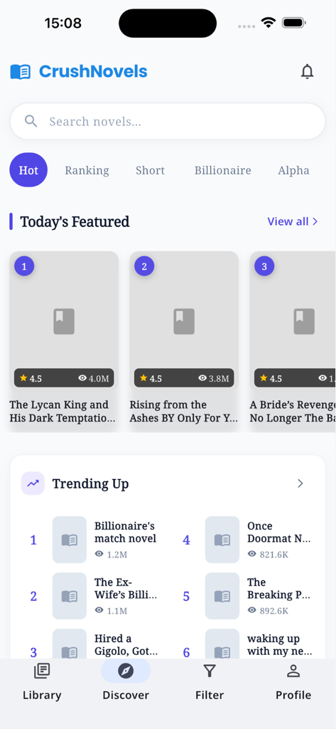 CrushNovels - Discover screen of the CrushNovels app featuring today's featured romance books and trending billionaire stories