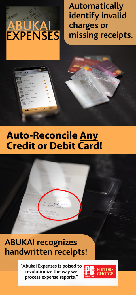 ABUKAI Expense Reports Receipt - ABUKAI app features showcasing credit card auto-reconciliation and handwritten receipt recognition with PC Magazine endorsement