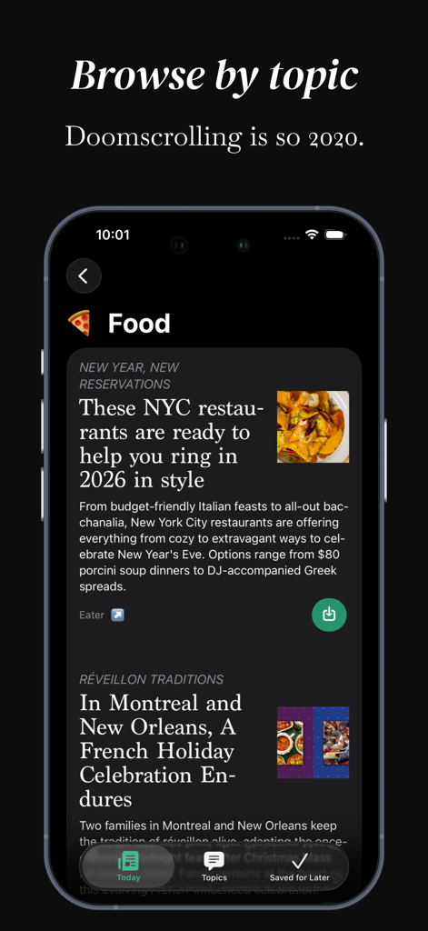 Slow News Co. - Curated Feed - Screenshot der Slow News Co. App, die die Essenskategorie mit kuratierten Artikeln über Restaurants in NYC und Feiertagstraditionen anzeigt.