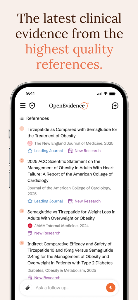 OpenEvidence - OpenEvidence mobile app screen showing a list of cited medical references from high quality clinical journals.
