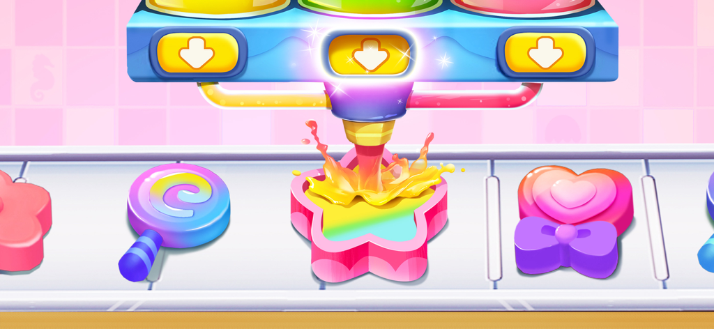 A colorful candy making machine pouring syrup into a star shaped mold on a conveyor belt