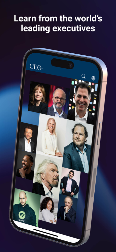 世界をリードするエグゼクティブのインタビューを特集したThe CEO Magazineアプリのインターフェース。