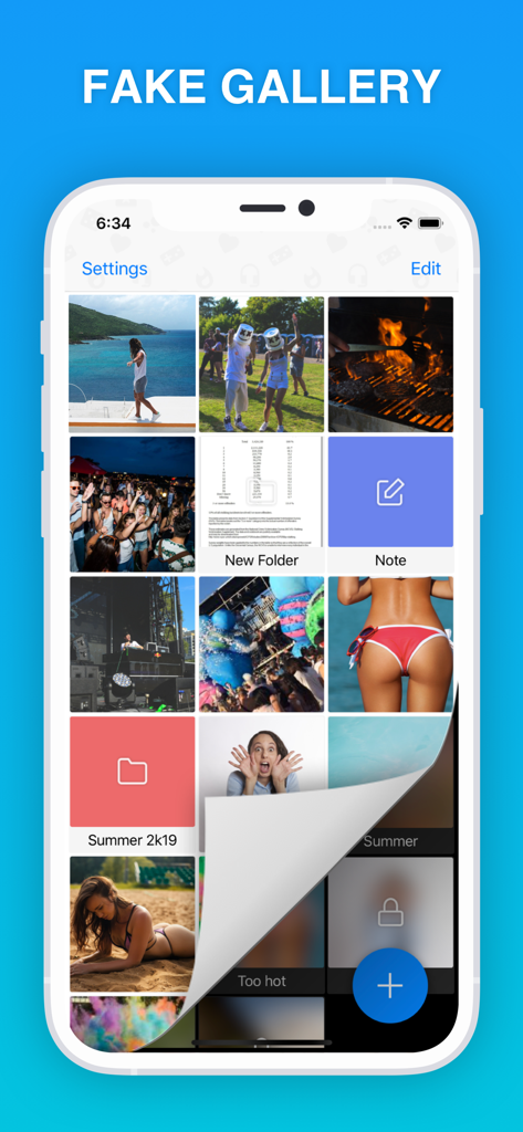 A screenshot of the Safe Lock app displaying its fake gallery feature with a grid of decoy photos and folders.