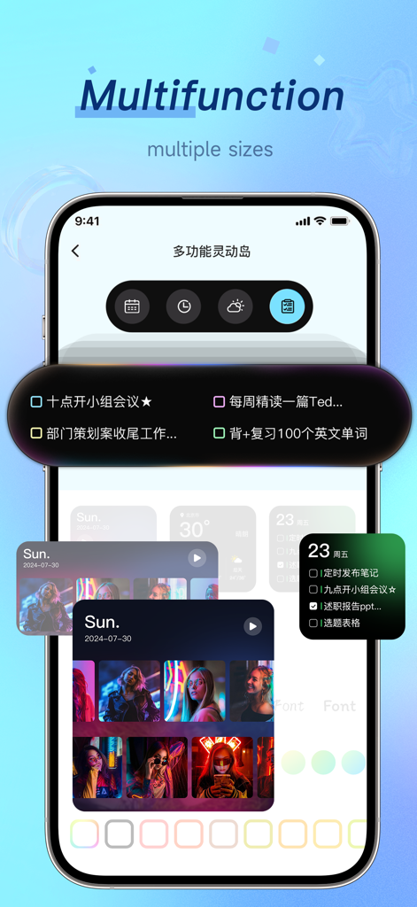Fun Widgets-Widgets&Wallpapers - iPhone displaying aesthetic multifunction widgets and dynamic island task lists