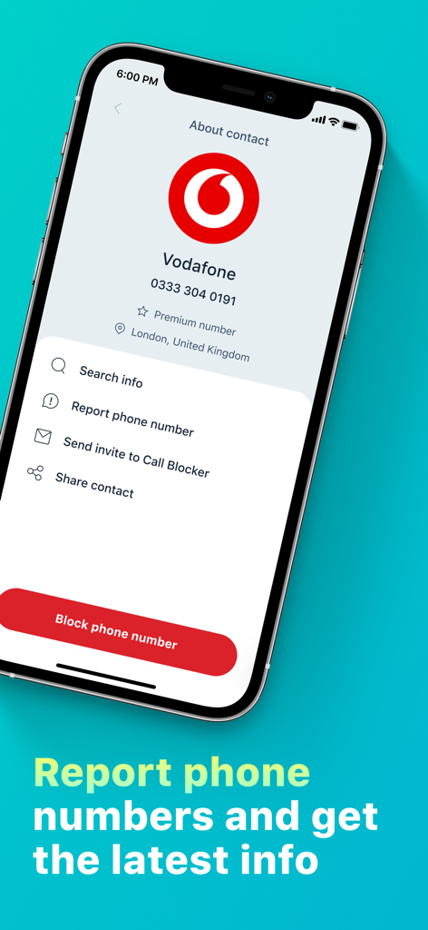 Call Blocker - Captura de pantalla de iPhone de la aplicación Call Blocker que muestra una página de información de contacto con opciones para bloquear o denunciar un número sospechoso.