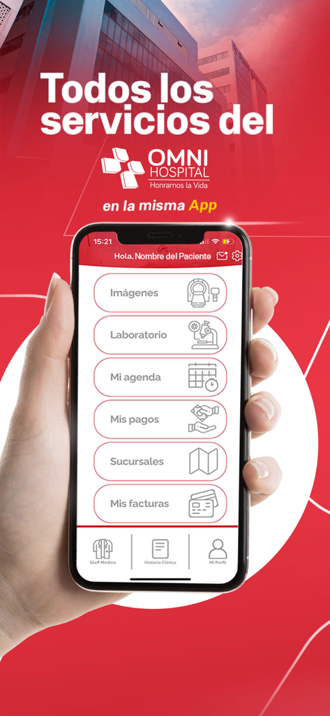 Omni Hospital - Smartphone screen displaying the Omni Hospital app main menu with medical service icons
