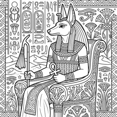 Journey into the mysteries of ancient Egypt with this captivating coloring page featuring the powerful god Anubis. This intricate design offers a rewarding artistic experience for adults and teens alike.