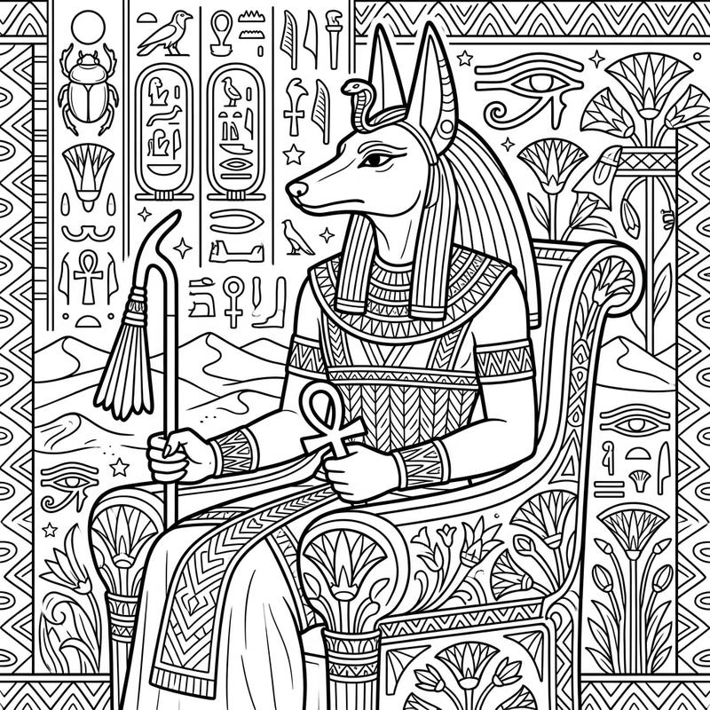Journey into the mysteries of ancient Egypt with this captivating coloring page featuring the powerful god Anubis. This intricate design offers a rewarding artistic experience for adults and teens alike.