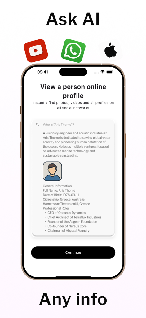 Deepsearch AI: People Finder - Mobile Ansicht eines KI-generierten persönlichen Profils mit Biografie und beruflichen Rollen