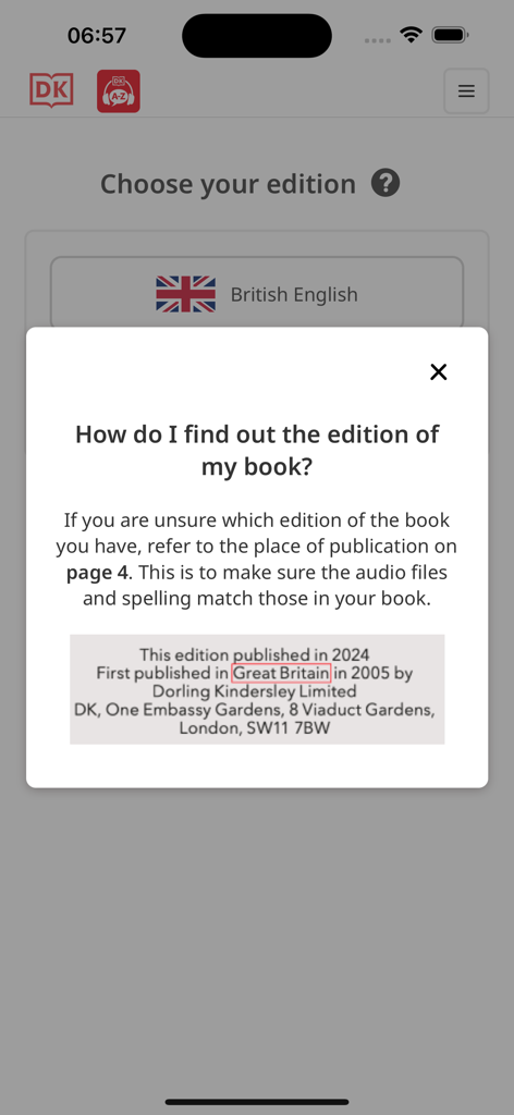DK Bilingual Visual Dictionary - Instruction pop-up for selecting the correct book edition in the DK Bilingual Visual Dictionary app