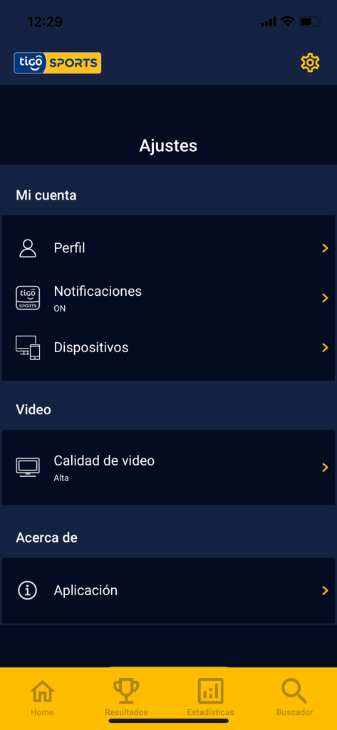 Tigo Sports Guatemala - Settings screen of the Tigo Sports Guatemala app showing account management and video quality options