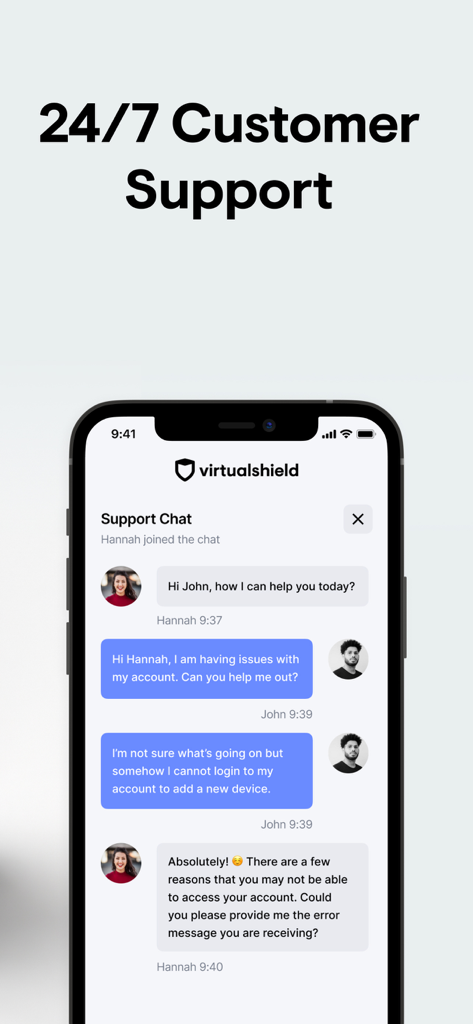 VirtualShield 24/7 customer support live chat interface