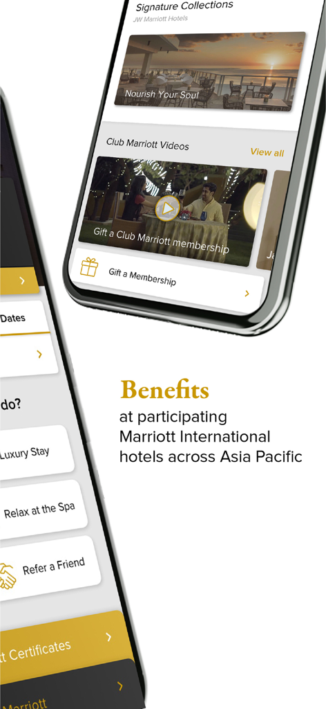 Club Marriott South Asia - ホテルの会員特典とラグジュアリーギフトオプションを表示するClub Marriott South Asiaアプリのインターフェース